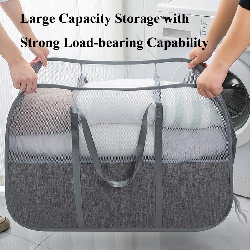 150L Collapsible Laundry Basket, 3-Compartment Foldable Hamper with Handles, Durable & Lightweight Clothes Organizer for Laundry Room, Dorm, Travel - Grey