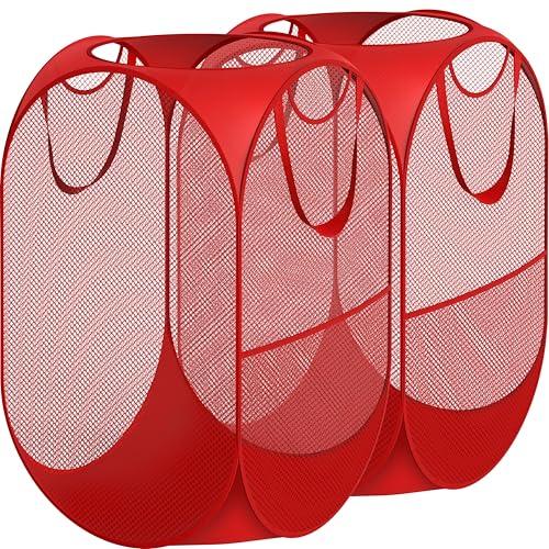 Simple Houseware Mesh Pop-Up Laundry Hamper Basket with Side Pocket, Red - 2 Pack - color: Red, size: 2 Pack