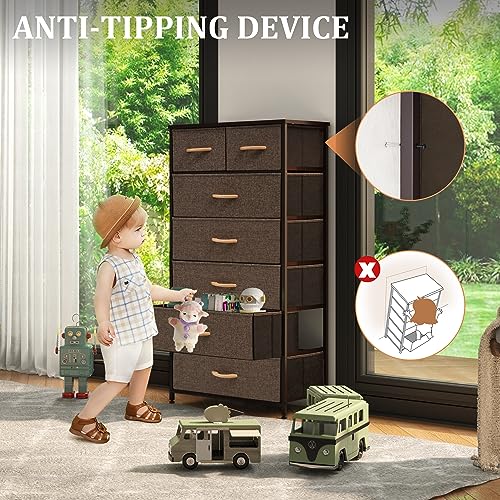 Tall Dressers for Bedroom, 7 Drawers Dresser Fabric Storage Closets Storage Units Organizer Tower Steel Frame Wooden Top for Bedroom, Hallway,Nursery, Entryway(Dark Brown) - color: Dark Brown