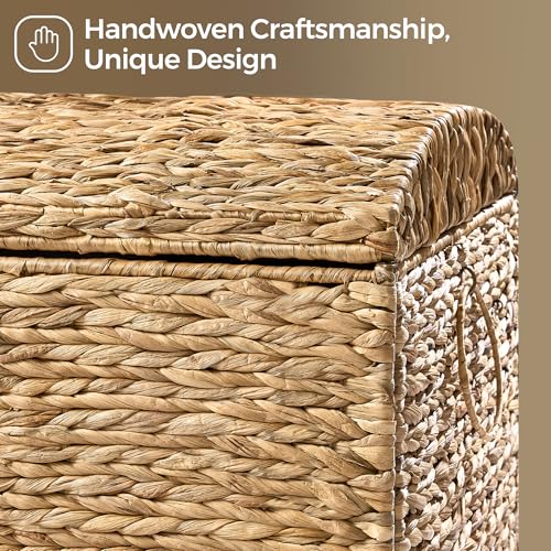 Handwoven Storage Basket with Lid, 178L Wicker Storage Bin, Natural Water Hyacinth, Leather Buckle & Metal Frame, Metal Ring Handles for Easy Transport, Storage Chest & Trunk for Bedroom, Living Room - color: Natural Water Hyacinth, size: 178L-Arched Lid