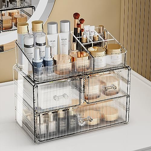 ZHIAI Stackable Cosmetic Organizer, Acrylic Cosmetic Organizer for Dresser, Vanity, Kitchen Cabinet, Bathroom, Under Sink, Home Organization and Storage (1 Top 3 Drawers) - color: (1 Base, 2 Drawers) with Top