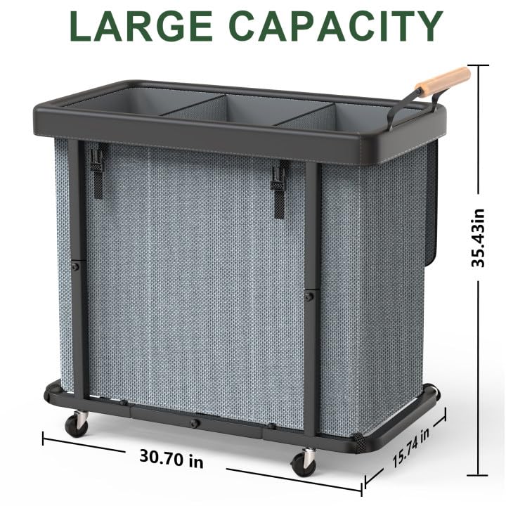 230L (60 Gal) Extra Large Fashion Laundry Sorter 3 Section with Lid, Rolling Laundry Basket Hamper with Handle, Laundry Organizer Storage Cart with Sturdy Metal Frame for Laundry Room, Hotel, Grey - color: Gray-3 Setion, size: 230L