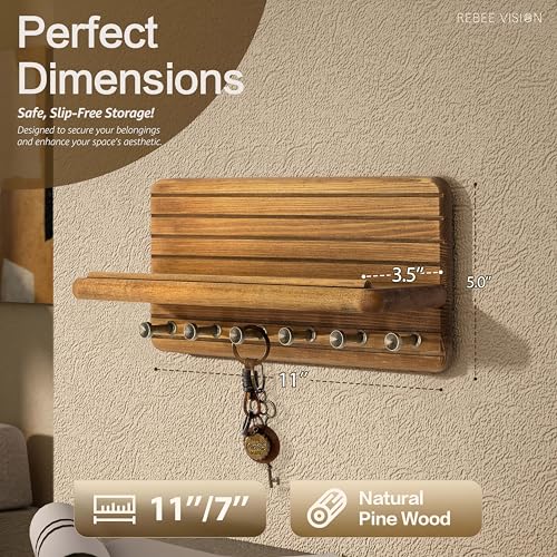 Rebee Vision Farmhouse Key Holder Wall Mount for Home Decor – Decorative 11-inch Pine Wooden Key Holder for Wall with 6 Hooks & Floating Shelf - Apartment Essentials for Tidy Space (Light Brown) - color: Light Brown, size: Medium-11inch