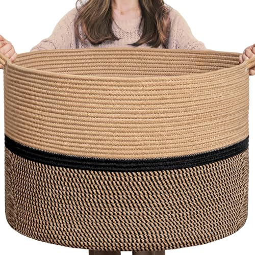CHICVITA XXL Extra Large Cotton Rope Woven Basket, Throw Blanket Storage Basket with Handles, Decorative Clothes Hamper - 22" x 22" x 14", Brown&Black - color: Brown and Black