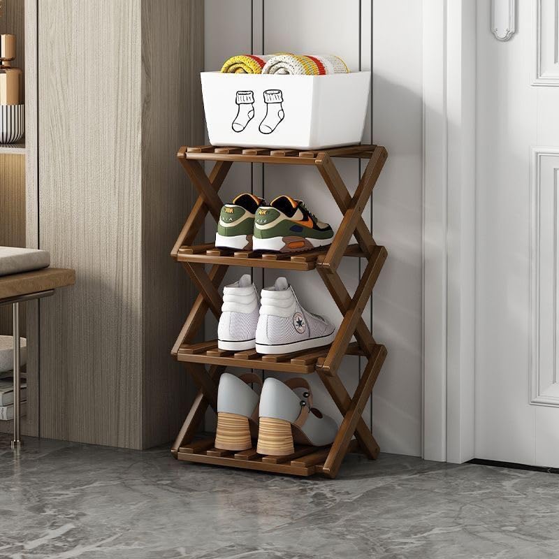 Foldable Shoe Rack, Bamboo Vertical Shoe Organizer Tall for Small Spaces. Multifunctional Narrow Shoe Shelf for Entryway, Closet, Corner, Bedroom, Hallway, Brown Color 4 Layers - color: Brown, size: 4 Layers