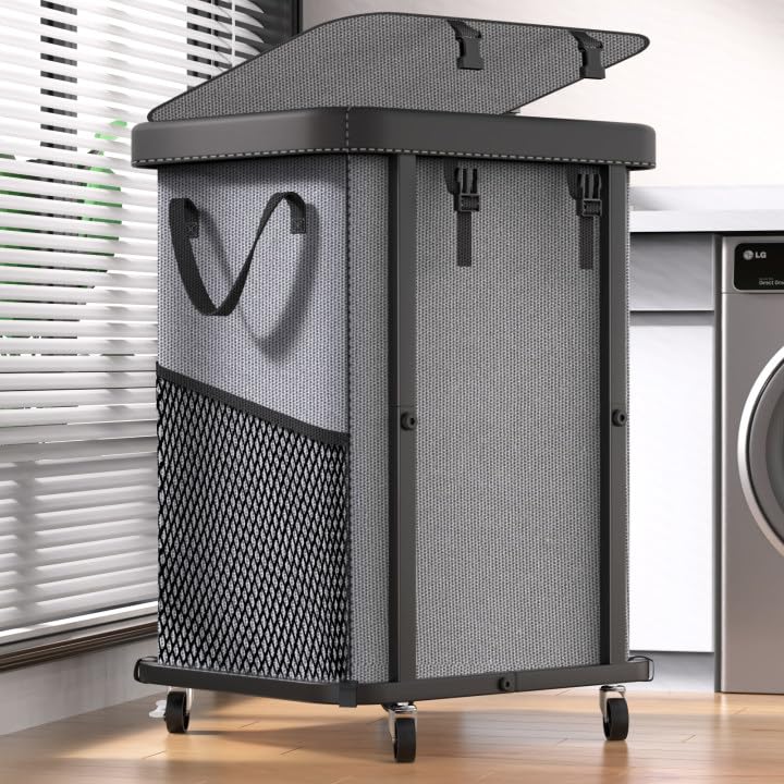 150L (40 Gal) Large Fashion Laundry Basket with Wheels, Leather Patchwork Rolling Hamper Carts, Sturdy Metal Frame, Removable Washable Bag, Tall Clothes Sorter for Bedroom, Laundry Room - Gary - color: Gray, size: 1 Section-150L