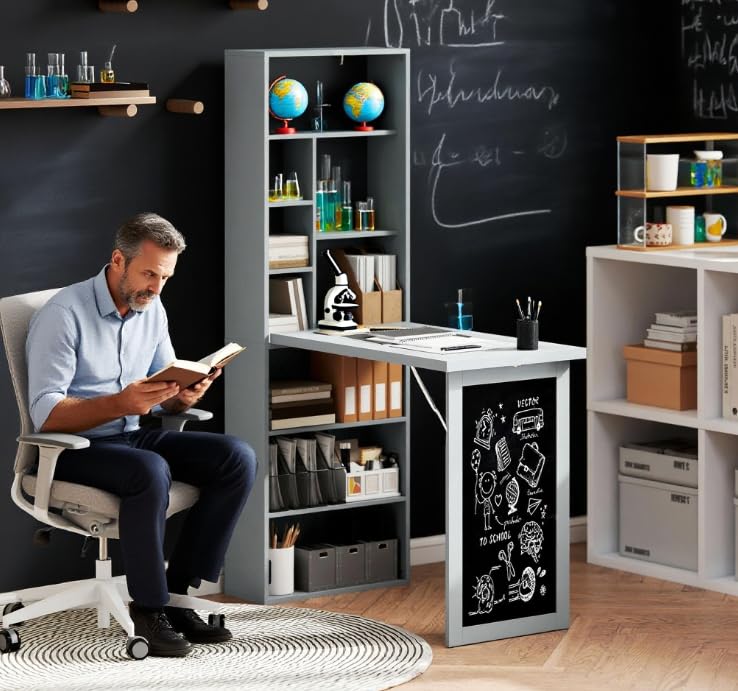 Foldable Wall Mounted Desk with Storage Shelves, Fold Out Convertible Computer Table with Blackboard, Folding Writing Table Workstation for Small Spaces,Home Office (Grey) - color: Grey