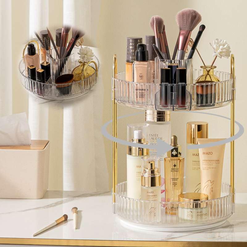 shuang qing Rotating Makeup Organizer for Vanity, High-Capacity Skincare Clear Make Up Storage Perfume Organizers Cosmetic Dresser Organizer Countertop 360 Spinning (Clear, New-2 Tier) - color: Clear, size: New-2 Tier