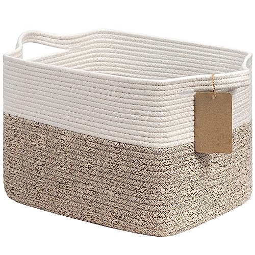 Goodpick Woven Storage Basket, Cotton Rope Basket for Dog Toys, Books, Stylish Gift Basket with Handles, 13 x 10 x 9 Inches Square Baskets for Organizing, Brown and White - color: Light Brown, size: 13"L x 10"W x 9"H