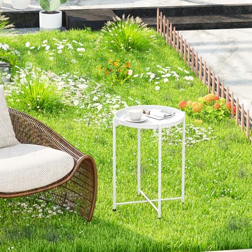 Garden 4 you Small Side Table, White Mini Round End Table, Black Tray Table with Metal Frame, Modern Nightstand for Living Room, Bedroom, Patio, Small Space, 2pcs - color: White, size: 2 PCS
