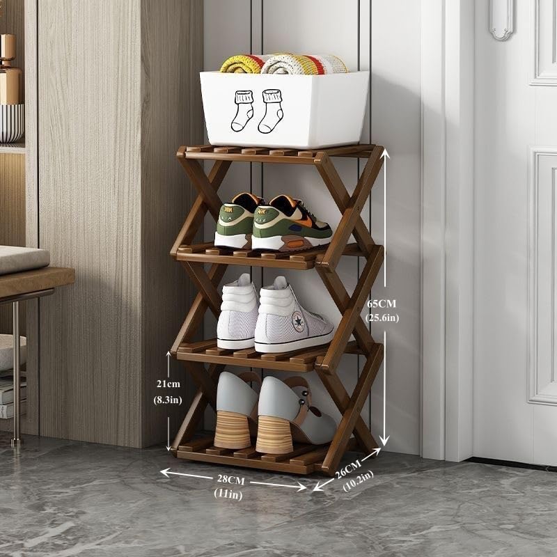 Foldable Shoe Rack, Bamboo Vertical Shoe Organizer Tall for Small Spaces. Multifunctional Narrow Shoe Shelf for Entryway, Closet, Corner, Bedroom, Hallway, Brown Color 4 Layers - color: Brown, size: 4 Layers
