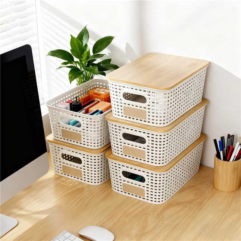 6Pcs Storage Bins with Lids, Stackable Plastic Storage Basket with Bamboo Lid, Pantry Organizer Box Small Containers for Organizing Shelves Drawer Desktop Closet Cabinet Office Classroom 10x7.1x4.1in - color: Cream White