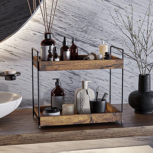 2-Tier Bathroom Counter Organizer, Wood Kitchen Countertop Spice Rack, Vanity Cosmetic Makeup Organizers Shelf for Bathroom Storage Organization, Rustic Brown - size: 2 Tier