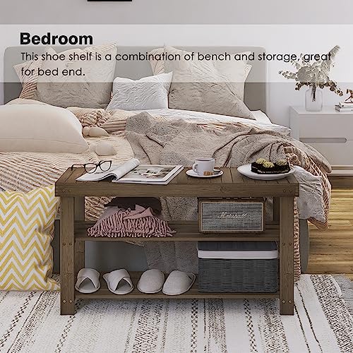 SMIBUY Bamboo Shoe Rack Bench, 3-Tier Shoe Organizer Storage Shelf for Entryway Hallway Bathroom Living Room (Walnut) - color: Walnut