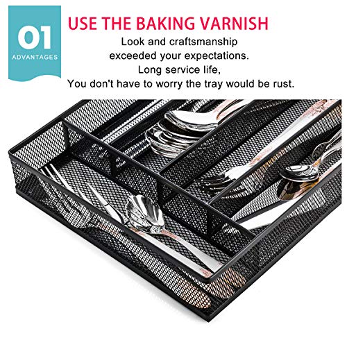 JANE EYRE Utensil Drawer Organizer, Cutlery Tray Silverware Flatware Storage Divider for Kitchen, Mesh Wire with Non-slip Foam Feet, 5 Component, Black - color: Black