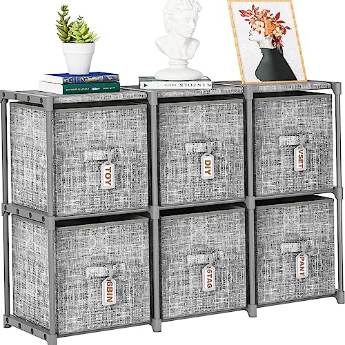 LUKYTOWER Cube Storage Organizer Shelf with Printed Bins + Labels, Cubby Storage Organizer with Bins, Large Capacity Shelves for Storage,Closet, Living Room, Dorm, Yarn (Grey, 6 Cube) - size: 6 Cube