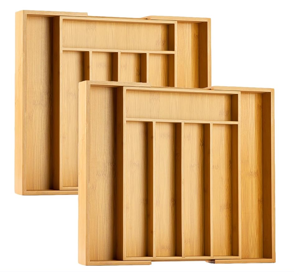 Kitchen Silverware Drawer Organizer and Storage Flatware Cutlery Utensil Holder Spice Rack Containers Bathroom Counter Cabinet Office Desk Makeup Drawer Tray Kitchen and Dining Tools Decor Accessories - color: Nature, size: 7 Slots Expandable-2PC