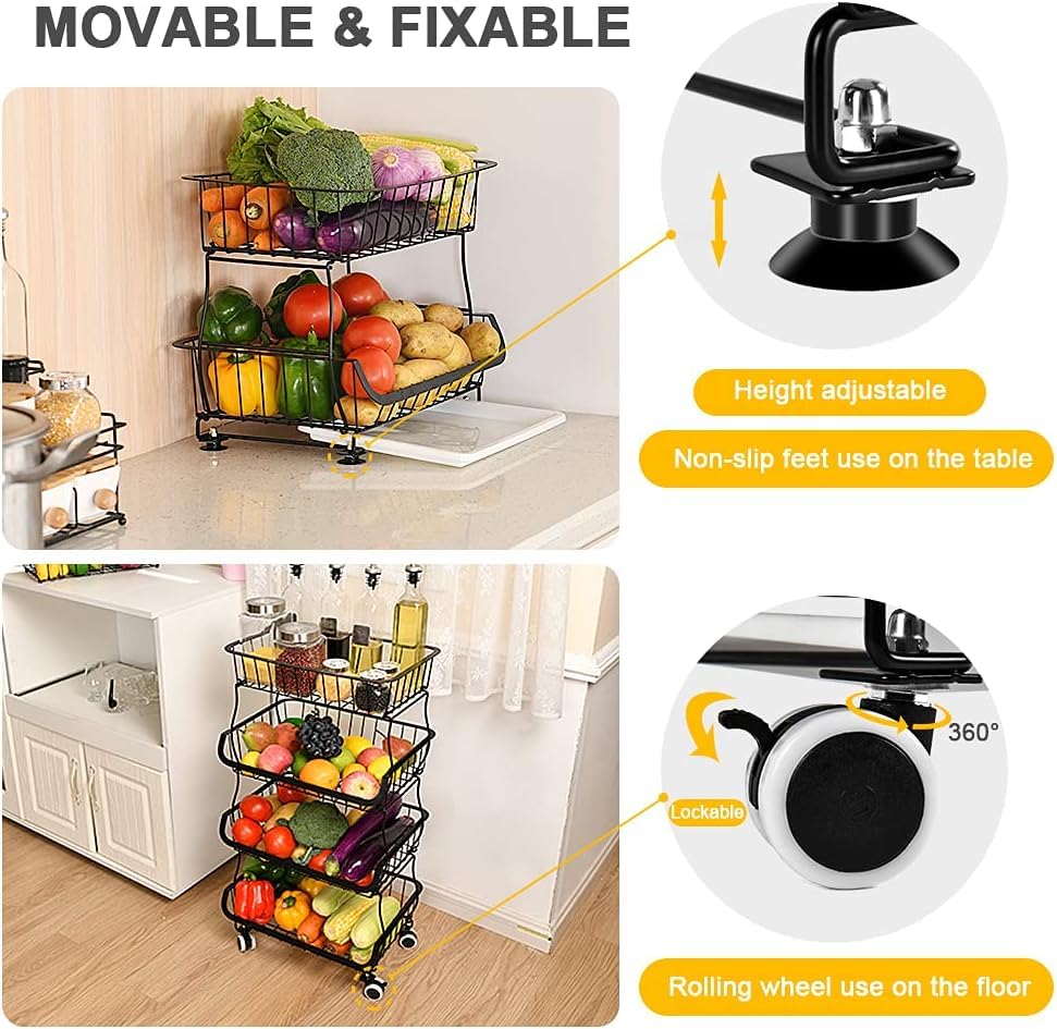 Miyawell Fruit Vegetable Storage Basket, 4 Tier Stackable Metal Wire Storage Baskets with Wheels, Fruit Vegetable Produce Basket Organizer Bins for Kitchen, Pantry, Bathroom - color: 4 Tier-black