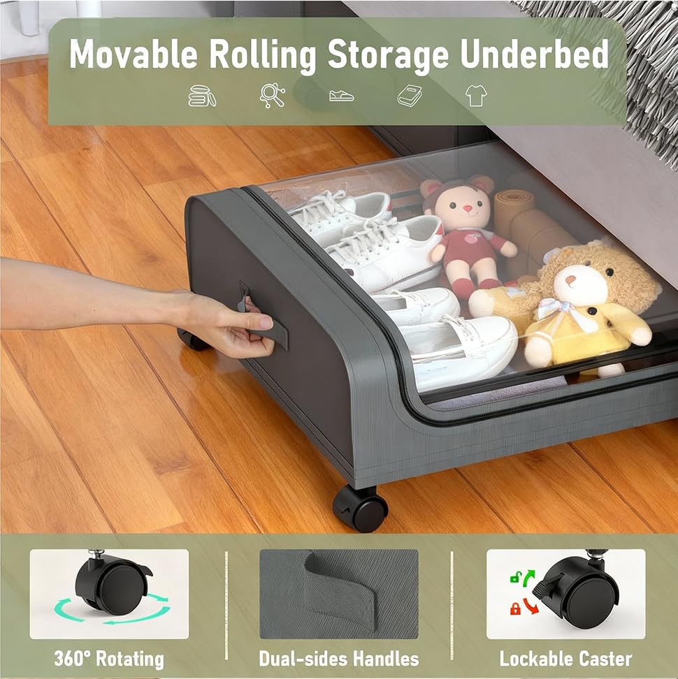 Under Bed Storage with Wheels, 6.7'' Tall Underbed Storage Containers with Lids - Rolling Bins for Shoes Clothes Blankets (Grey, 2-Pack XXL) - color: grey, size: 6.7 inch-height