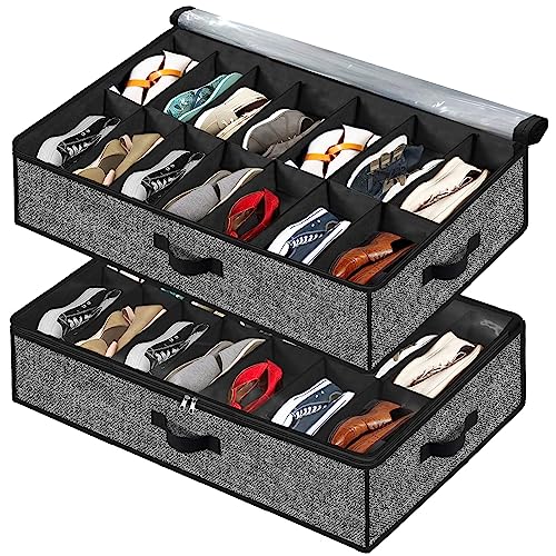 Under Bed Shoe Storage Organizer for Closet 2 Pack- Fits 32 Pairs Underbed Shoes Container Boxes Black - color: Black-32pairs, style: Regular Handle