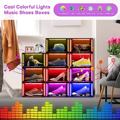 Oltraman Shoe Storage Organizer for Closet, Foldable Shoe Boxes Rack 2 pack, Clear Plastic Stackable Containers Bins Holder, Magnetic Sneaker Shelf for Sneakerheads with LED Lights (Black) - color: Black
