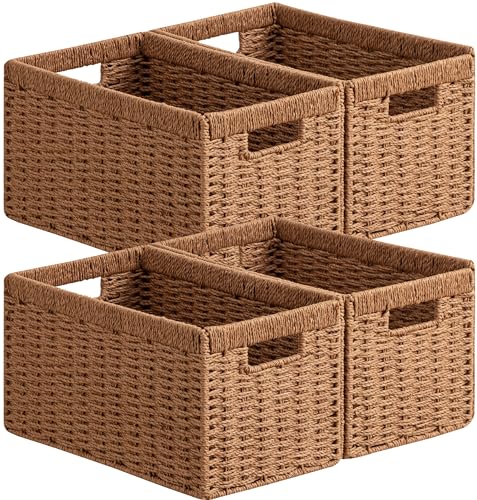 UBBCARE 4 Pack Wicker Basket, 13.4L×8.3H×7.1W inch Woven Paper Rope Storage Baskets for shelves, Foldable Rectangular Storage Baskets with Handle, Storage Basket for Organizing, Caramel - color: Caramel, size: 4pack Medium