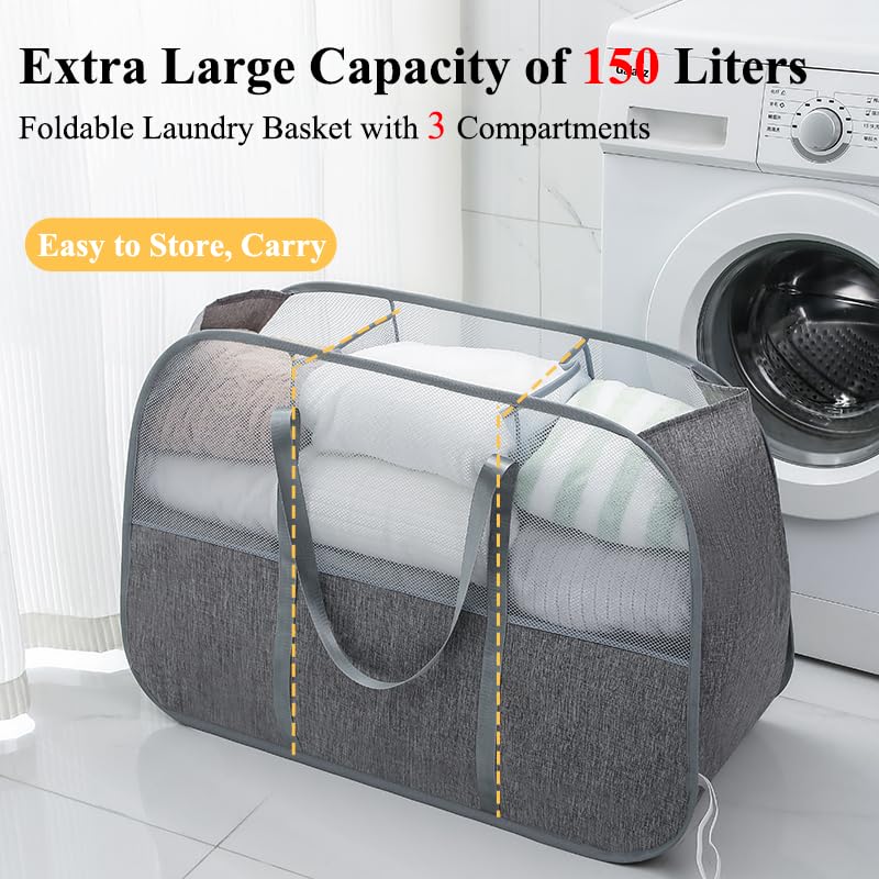 150L Collapsible Laundry Basket, 3-Compartment Foldable Hamper with Handles, Durable & Lightweight Clothes Organizer for Laundry Room, Dorm, Travel - Grey