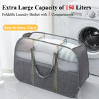 150L Collapsible Laundry Basket, 3-Compartment Foldable Hamper with Handles, Durable & Lightweight Clothes Organizer for Laundry Room, Dorm, Travel - Grey