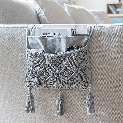 Mkono Macrame Couch Organizer Remote Control Caddy Sofa Armrest Armchair Bedside Storage Holder Bag for TV Remote, Magazine, Books, Cell Phone, iPad, Boho Living Room Home Dorm Decor, Grey - color: Grey, size: Medium