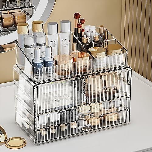 ZHIAI Stackable Storage Drawers, Acrylic Bathroom Counter Organizer Clear Makeup Organizers for Vanity, Kitchen Cabinets, Bathroom, Undersink, Home Organization and Storage (1 Top 4 Drawers D) - color: (2 Base, 2 Drawers) with Top