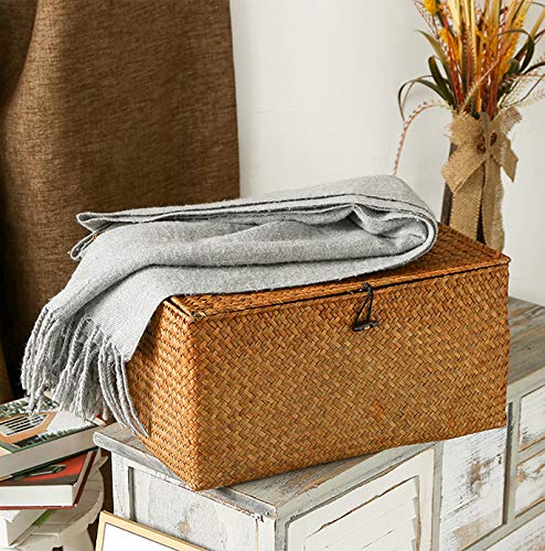 DOKOT Rectangular Handwoven Seagrass Storage Basket with Lid for Shelves and Home Organizer Bin, (M (12"x7"x6"H), Natural) - size: M (12"x7"x6"H)