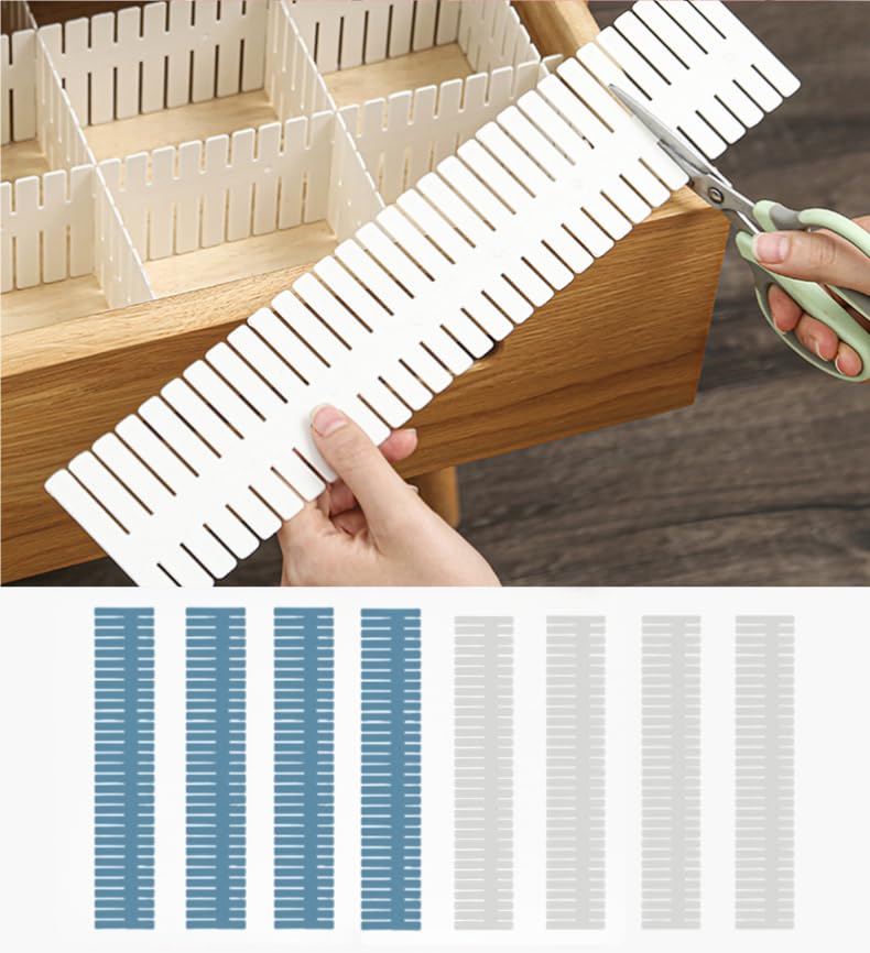 8 Pack Drawer Dividers, 4 Inch High Adjustable Plastic Grid Separators, DIY Cut-to-Fit Drawer Organizer for Socks, Underwear, Makeup, Kitchen, Office & Bedroom, White - color: white-blue