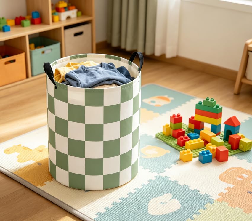 Baby Laundry Basket Baby Nursery Hamper Kids Laundry Basket Toy Storage Bin for Boys Room Decor Gift Baskets for Bedroom Bathroom(Green Checkered) - color: Green Checkered