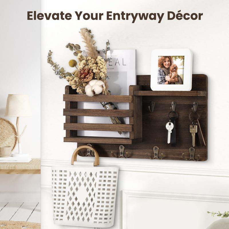 Nekon Mail Holder for Wall Mail Organizer with Key Hooks Hallway Farmhouse Decor Storage Racks with Floating Shelf and Flush Mount Hardware (16.8Inch x 10Inch x 3.2Inch) - color: Brown