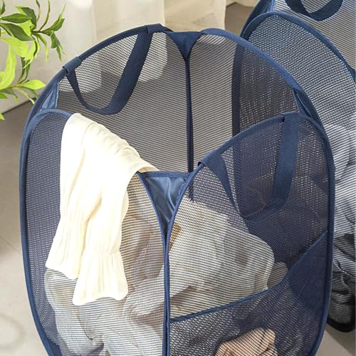 Pop up Laundry Hamper, Foldable Mesh Clothes Hamper for Kids Room, College Dorm or Travel, Collapsible Laundry Basket for Storage, Blue - color: Navy Blue