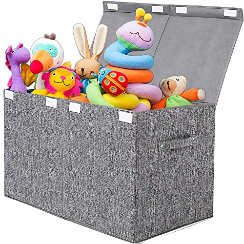 popoly Large Toy Box Storage with Lid, Collapsible Sturdy Toy Chest Storage Bin Box with Rivets Handles for Kids, Boys, Girls, Nursery, Playroom, Living Room, Bedroom, 25"x 13" x 16" (Linen Gray) - color: Large Grey