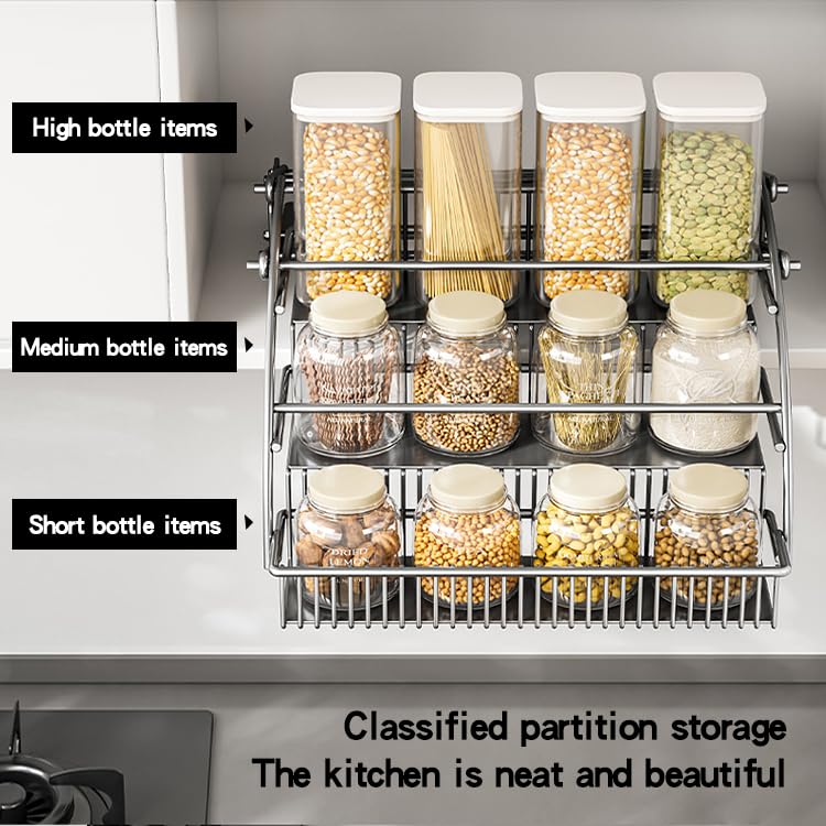3-Tier Pull Down Spice Rack Organizer for Inside Cabinet Pantry Expandable Display Riser Shelf Kitchen Seasoning Shelf(27.5cm/10.8in) - size: 27.5 cm/10.8 in/Gun