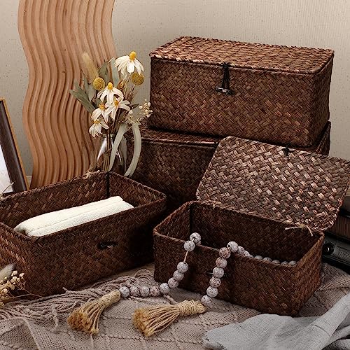 Woanger Set of 4 Wicker Storage Baskets Organizer，Handwoven Storage Bins with Lid for Organizing, Home Utility Box for Home Office Supplies Multipurpose Container(Coffee) - color: Coffee