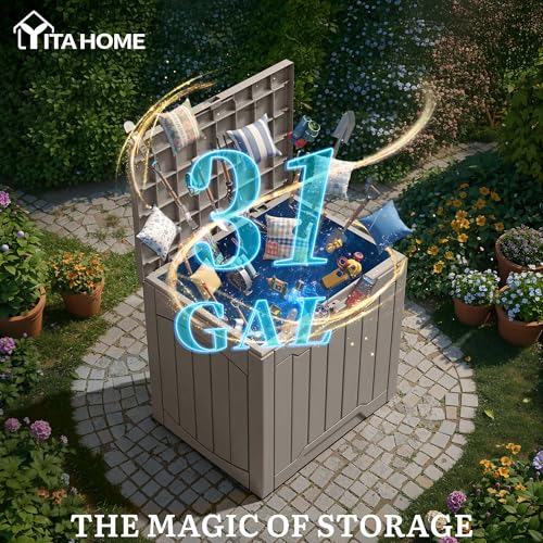 YITAHOME 31 Gallon OutdoorDeck Box, Lockable Resin Storage Box and Waterproof Package Delivery Box for Patio, Garden, Poolside, Cushions, Supplies & Sports Gear, Taupe - color: Taupe, size: 31 Gallon, style: Deck Box