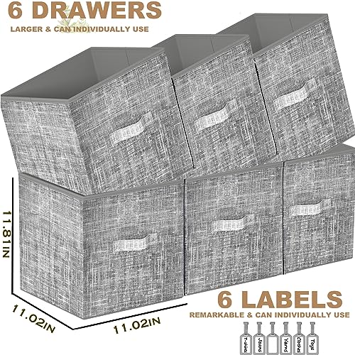 LUKYTOWER Cube Storage Organizer Shelf with Printed Bins + Labels, Cubby Storage Organizer with Bins, Large Capacity Shelves for Storage,Closet, Living Room, Dorm, Yarn (Grey, 6 Cube) - size: 6 Cube