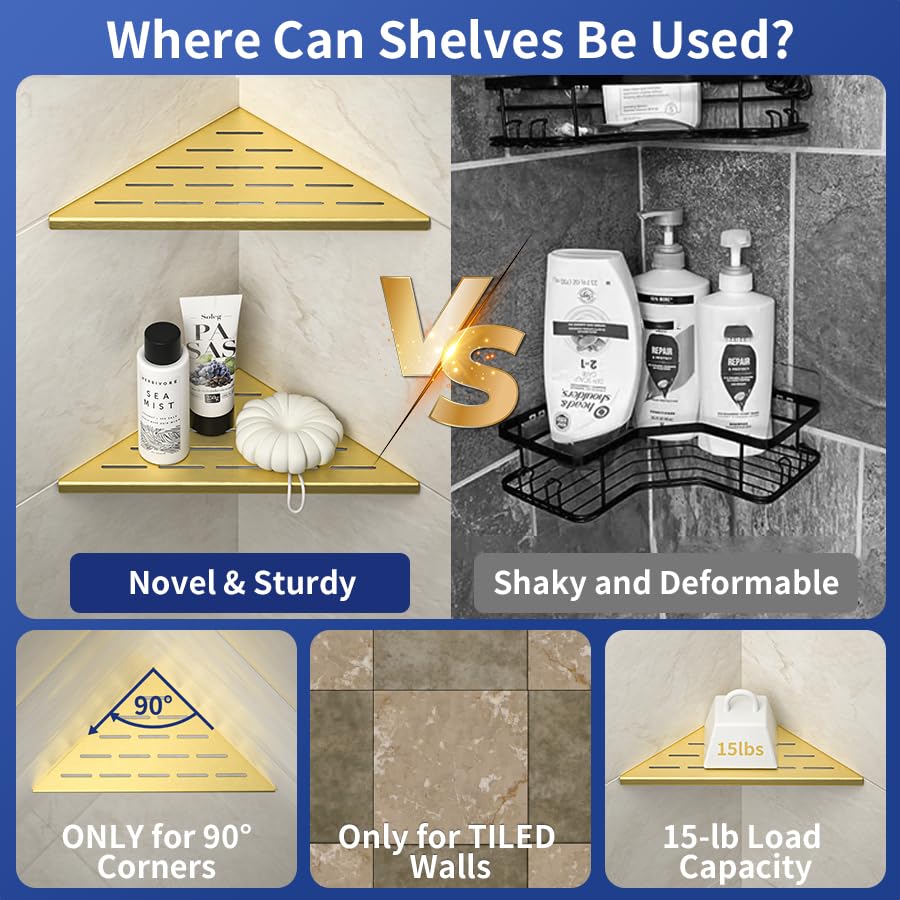 Corner Shower Shelf, 304 Stainless Steel Bathroom Shelf for Tiled Wall, Grout in Shelves (Gold, 10"-2 Pack) - color: Gold, size: 10"-2 Pack