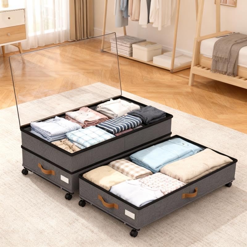 Under Bed Storage with Wheels 2-Pack, 75L XXL Under the Bed Storage Containers Large, 12" Tall Adjustable Storage for Underbed with Lids, Rolling for Clothes, Shoes, Blankets (Grey) - color: Grey