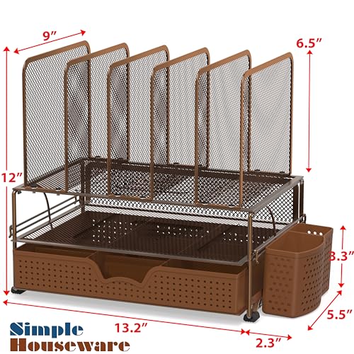 Simple Houseware Mesh Desk Organizer with Sliding Drawer, Double Tray and 5 Upright Sections, Copper - color: Copper
