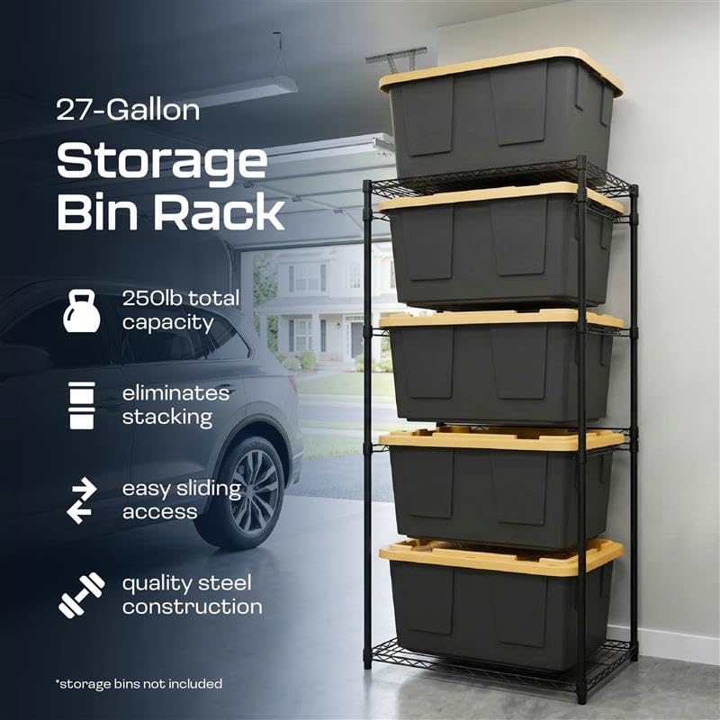 MonsterRAX 5-Tier Side-Load Heavy Duty Garage Slide Bin Storage Rack for 27-Gallon Totes. Industrial metal organization, 250lb capacity, NSF Certified. (Bins not included) (Black) (Black) - color: Black