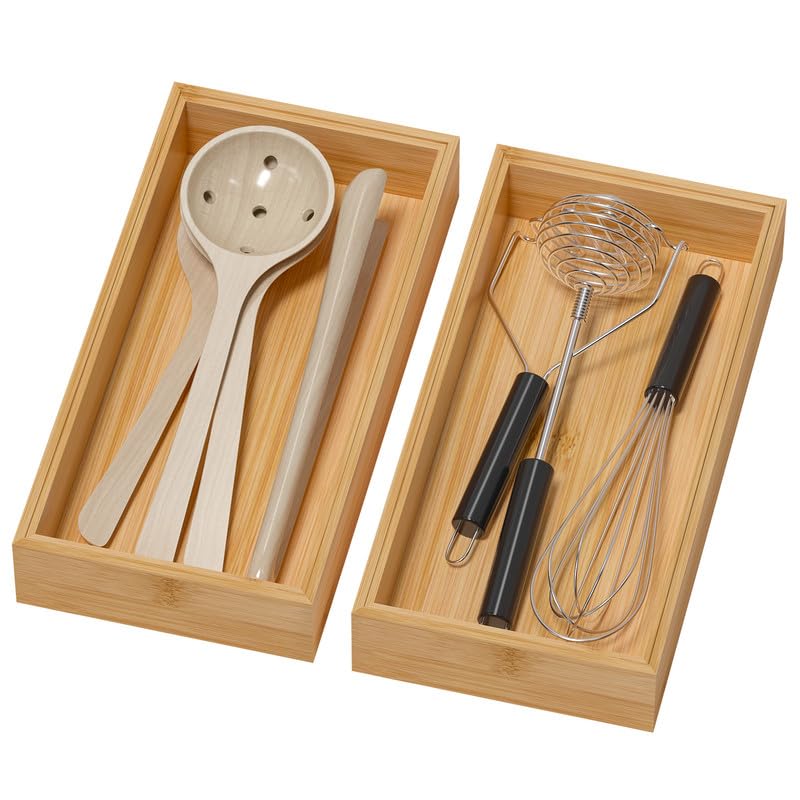 Lixple Bamboo Drawer Organizer - Silverware & Utensil Organizer, Stackable, 2 Pcs, Wooden Storage Box Tray (Bamboo, 12 X 6 X 2 Inch) - color: Yellow, size: 12 x 6 x 2 Inch