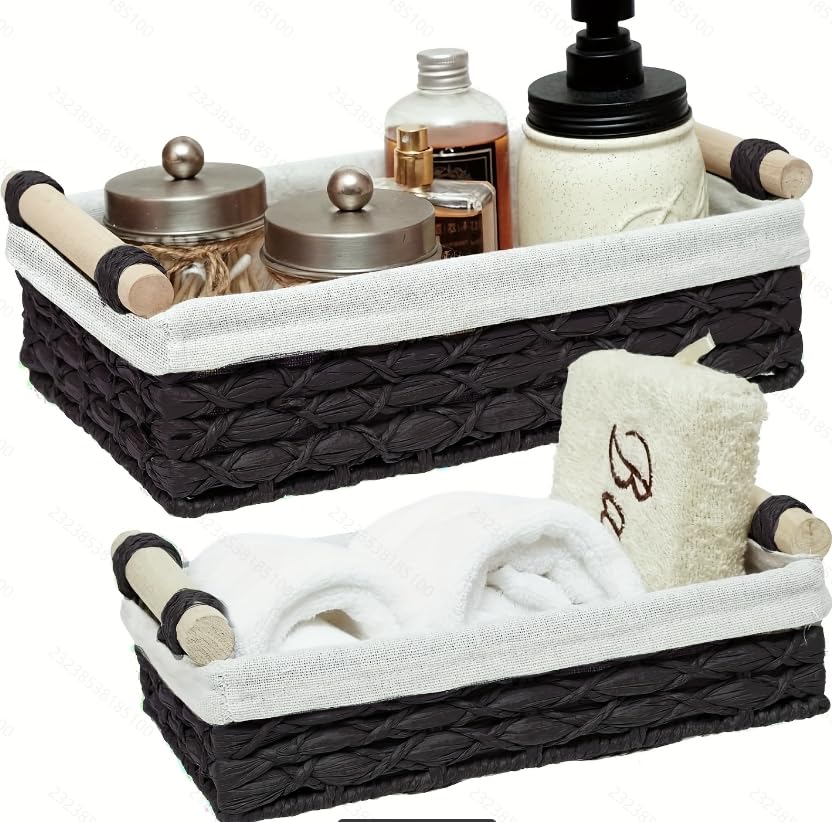 Set of 2 Black Bathroom Basket Organizers with Liner, Paper Rope Wicker Storage Baskets for Shelves, Bathroom Counter & Vanity, Wooden Handles for Towels & Toiletries - color: Black