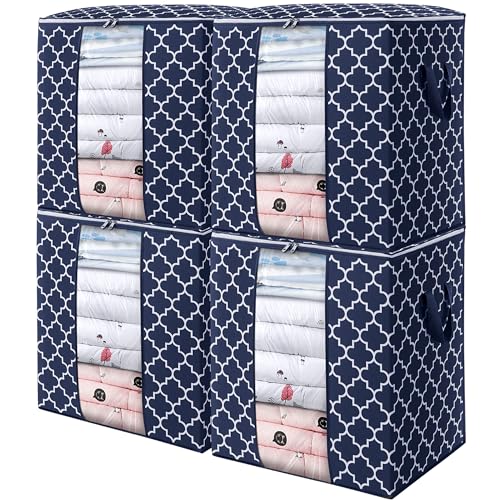 WISELIFE Storage Bags 4 Pack/100L Large Blanket Clothes Organization and Storage Containers for Comforters,Bedding, Foldable Organizer with Reinforced Handle, Clear Window, Sturdy Zippers,Blue - color: Blue, size: 4x 100L
