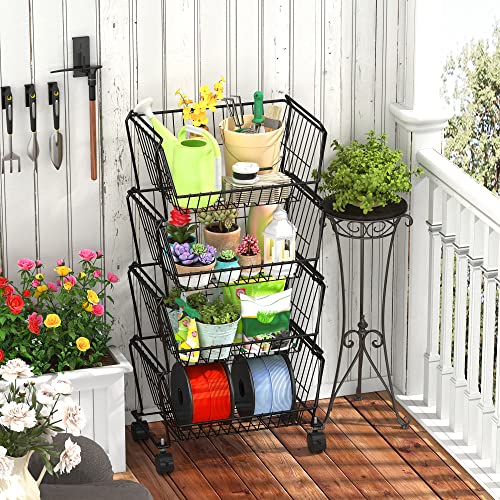 PUSDON 4-Tier Spacious Stackable Wire Storage Baskets with Wheels, Metal Rolling Utility Cart, Produce Basket for Pantry, Bathroom Organizer Shelf, Matte Black - color: Matte Black, size: 4 Tier Standard