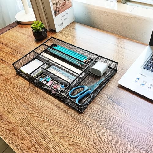 Metal Mesh Desk Drawer Organizer Tray, 6-Compartment Office Drawer Organizer for Pens Supplies, 12.6"x8.27"x1.57" Black - color: 1pc packed black