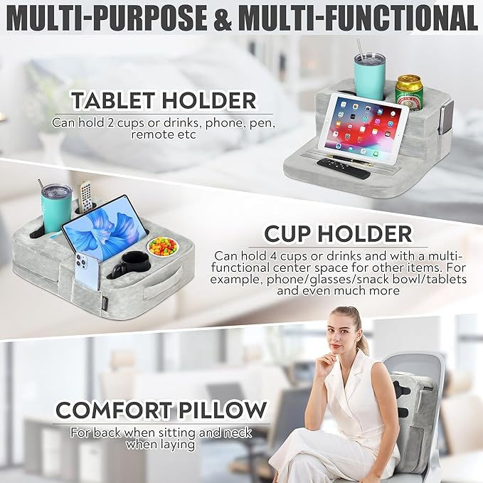 TabCouchCaddy - Couch Cup Holder Tray Pillow - Bed, Couch Caddy, Sofa, RV & Car - Holds Drinks, Snacks, Remotes, Phones, Kindle, Tablet | Bed Cup Holder (Grey) - color: Grey